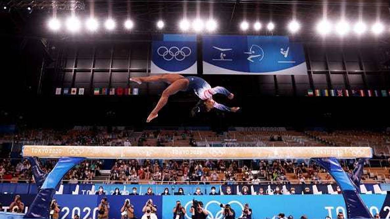 Simone Biles of Team United States competes in the Women's Balance Beam Final on day eleven of the Tokyo 2020 Olympic Games at Ariake Gymnastics Centre on August 03, 2021 in Tokyo, Japan.