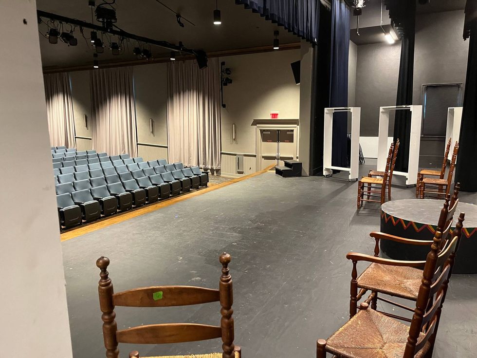Simpsonville Arts Center theater stage in the early stages of preparation for the upcoming "Crowns" performance