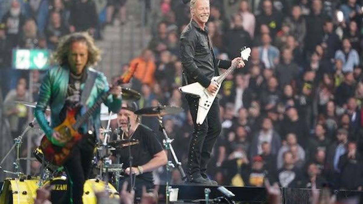 Singer James Hetfield (r-l), drummer Lars Ulrich and guitarist Kirk Hammett of the band Metallica perform on stage