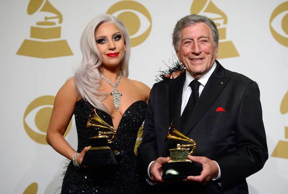 Singers Lady Gaga (L) and Tony Bennett, winners of Best Traditional Pop Vocal Album for