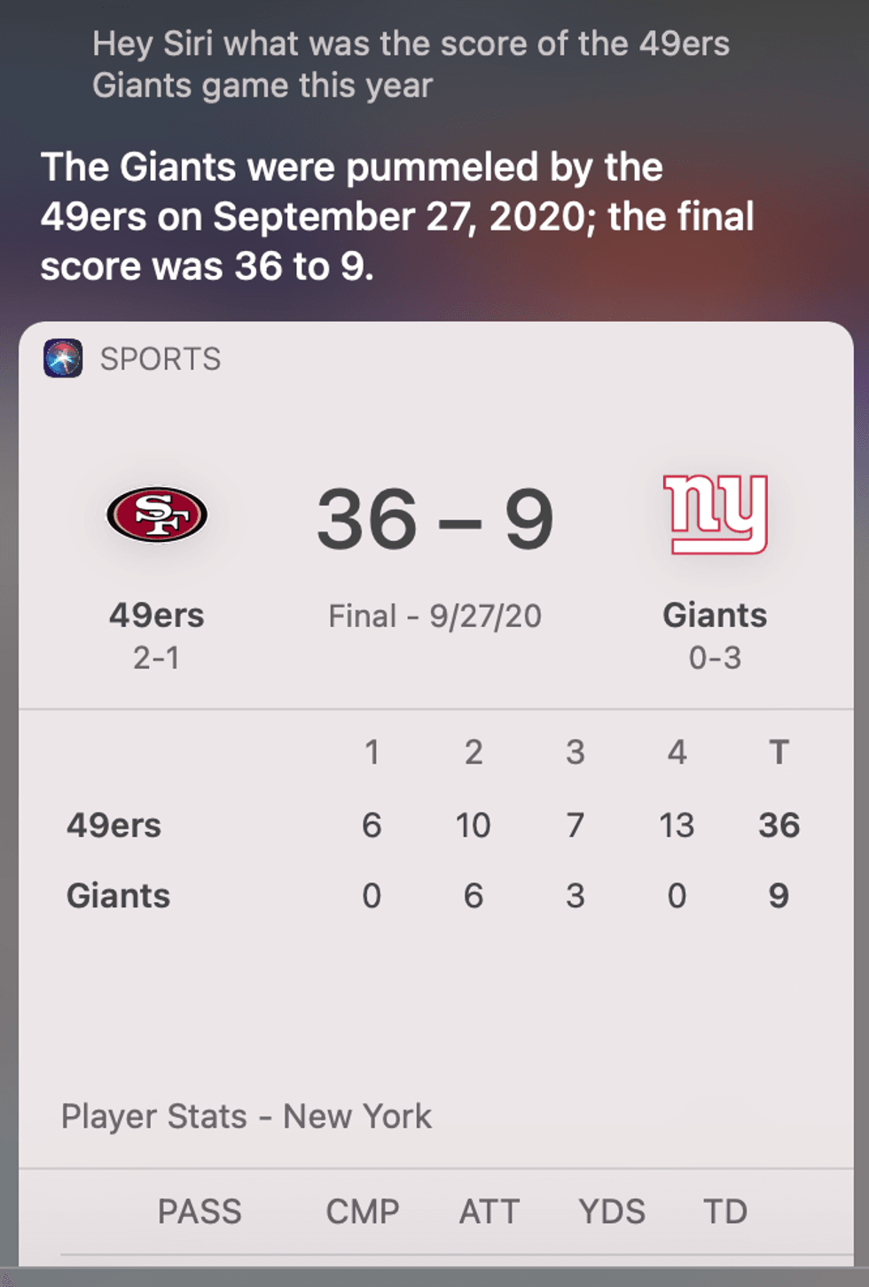 Siri on 49ers-Giants
