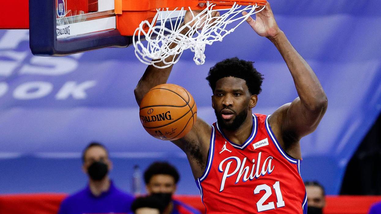 Sixers center-forward Joel Embiid dunks during the fourth quarter against the Utah Jazz at Wells Fargo Center on March 03, 2021 in Philadelphia, Pennsylvania.