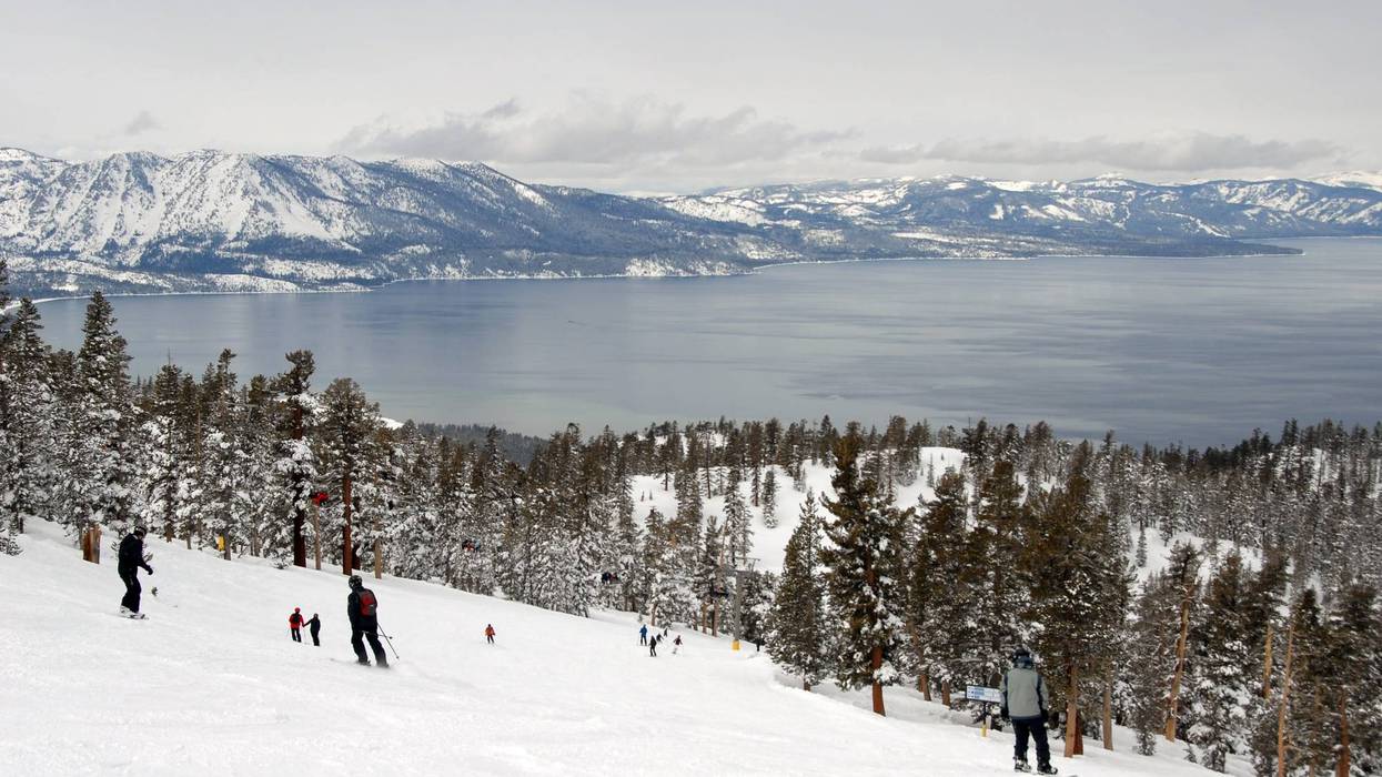 Skiers and snowboarders near Lake Tahoe.