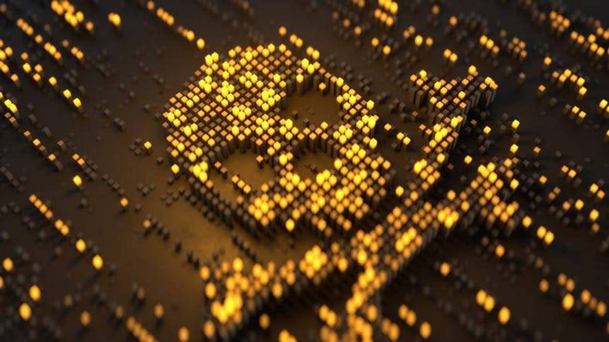 Skull and crossbones made from yellow cubes 3D rendering