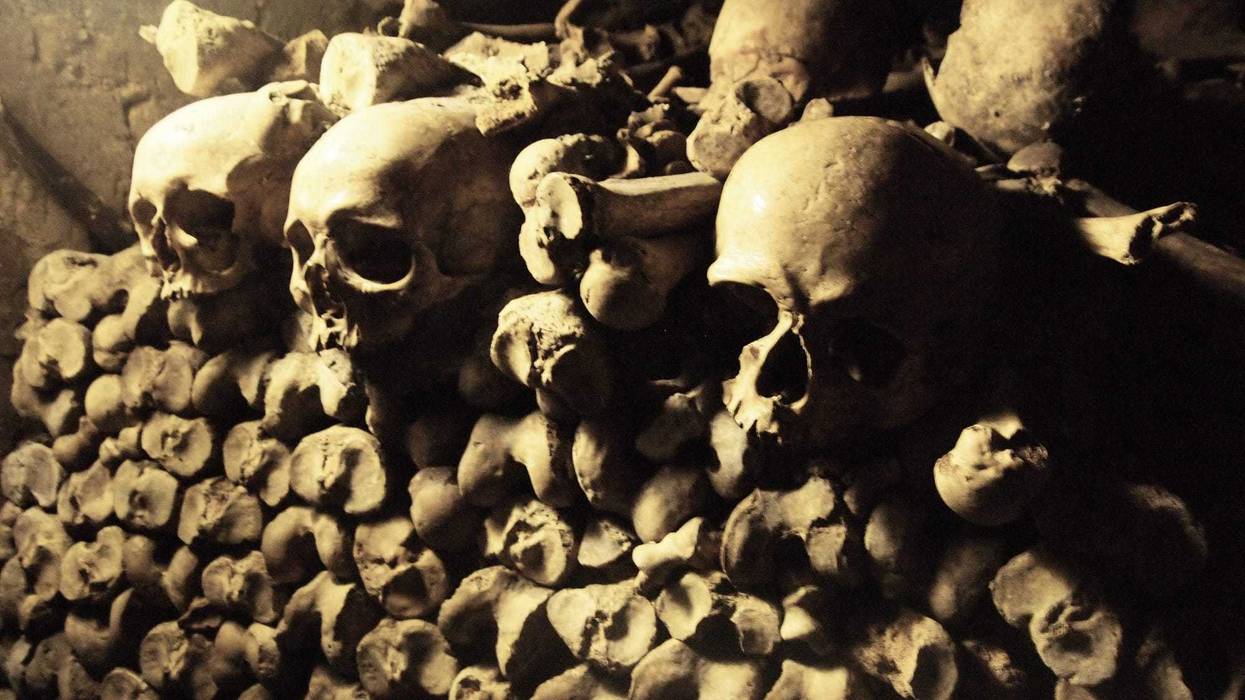 Skulls and other bones in the French catacombs.