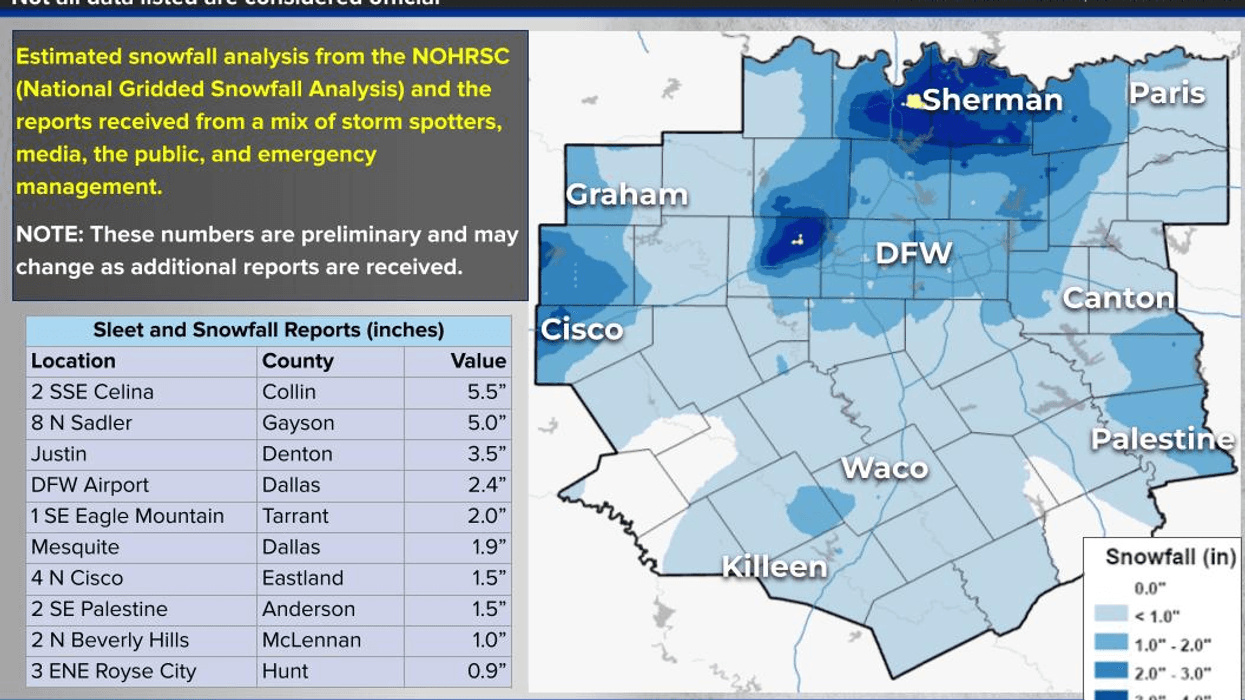 Sleet and snow accumulations in North Texas from Jan. 23-26, 2026.