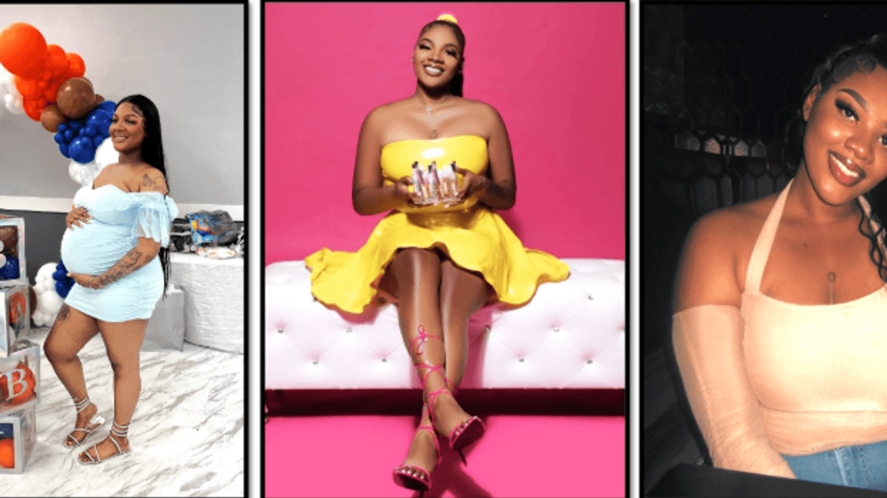 Smiling woman in three scenes: pregnant at a baby shower, holding cosmetics, and a close-up.