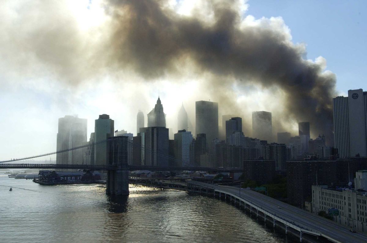 Smoke billows toward the harbor after the terrorist attack on the World Trade Center.