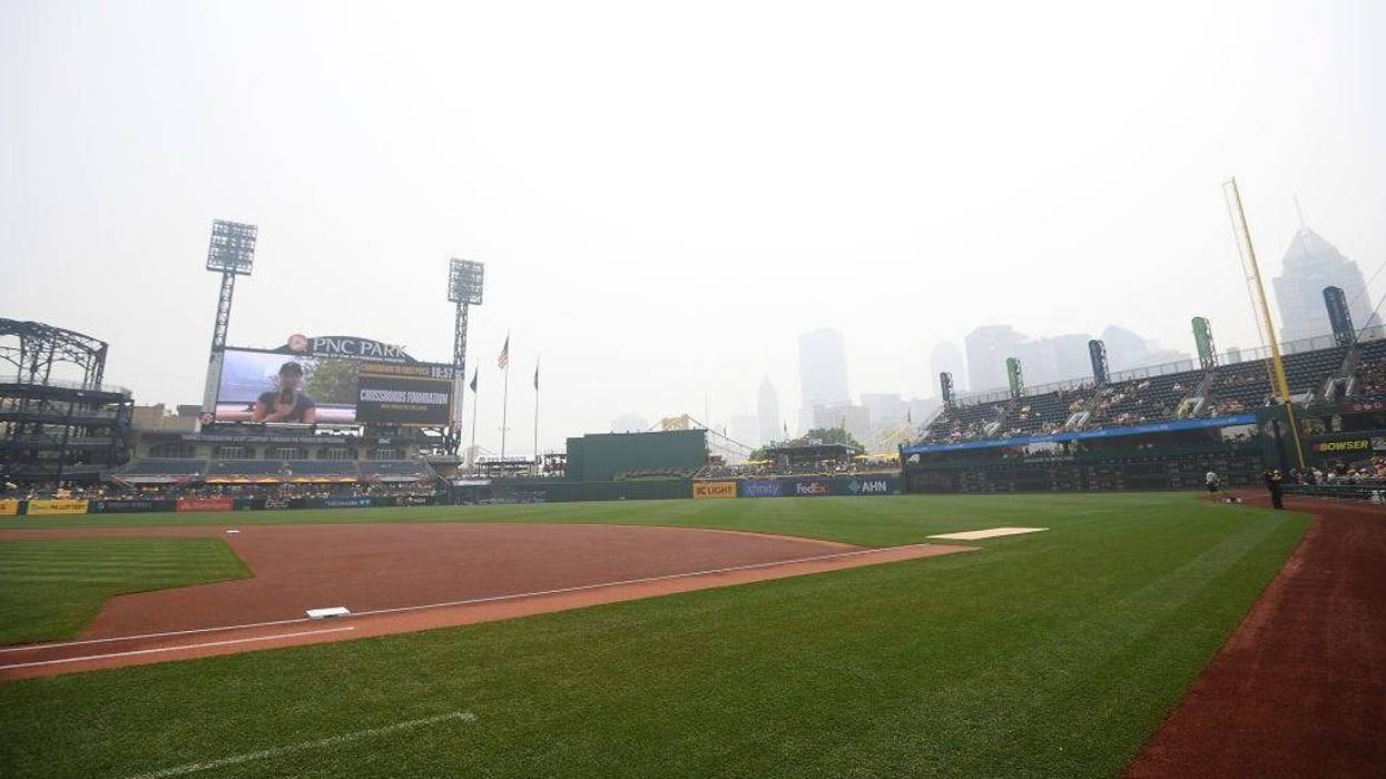 Smoke clouds the city of Pittsburgh before the game between the Pittsburgh Pirates and the San Diego Padres at PNC Park on June 29, 2023 in Pittsburgh,