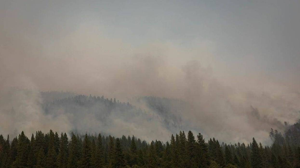 Smoke fills the air as the mountainside burns on August 8, 2021 in Greenville, California.
