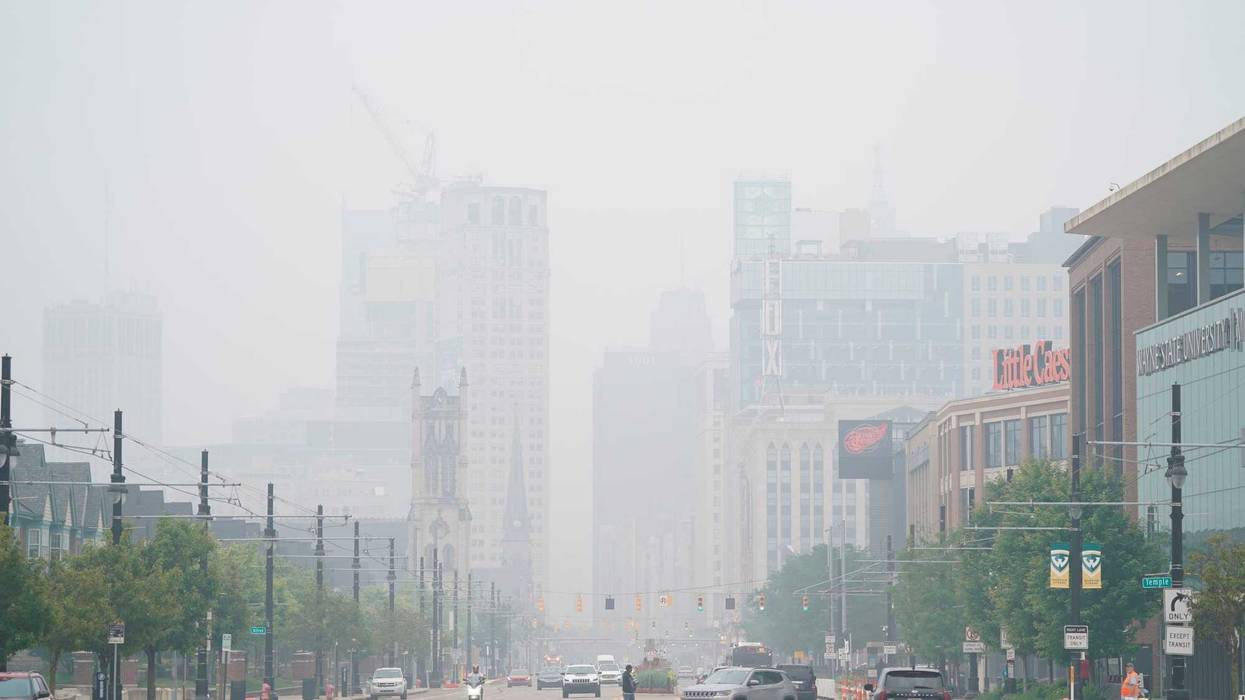 Smoke from Canadian wildfires lingers in downtown Detroit skyline off of Woodward Avenue on Tuesday, June 27, 2023.