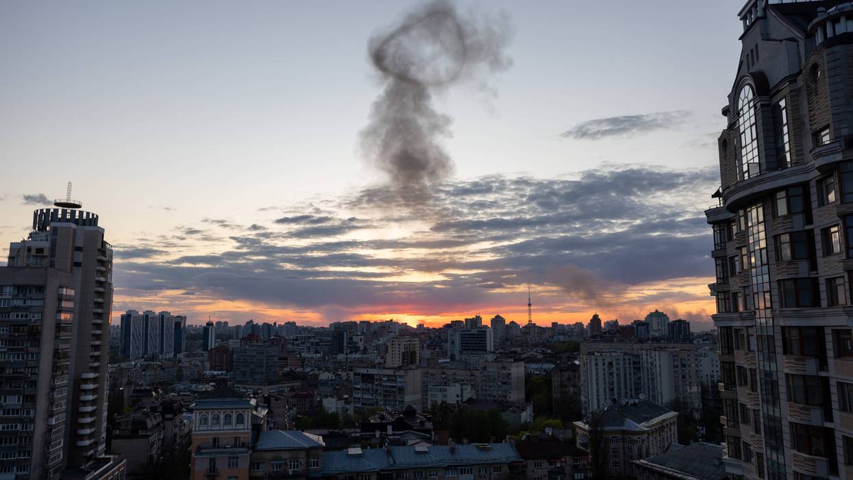 Smoke rises after missiles landed at sunset on April 28, 2022 in Kyiv, Ukraine.