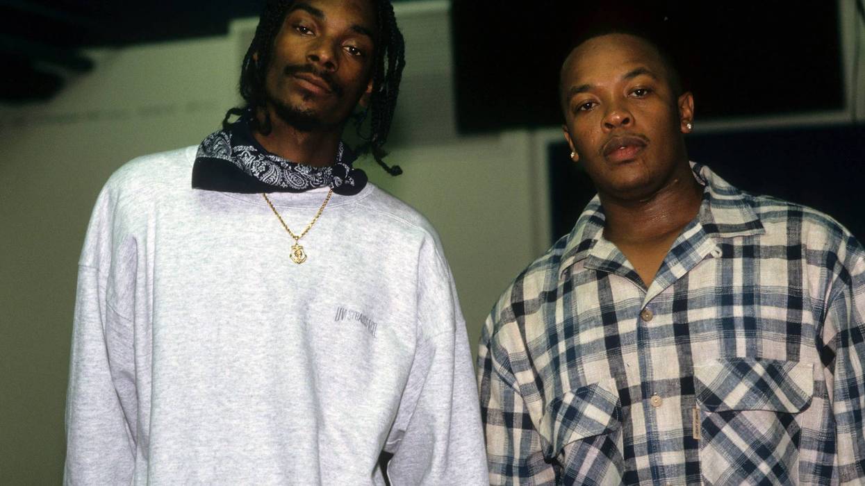 Snoop Dogg and Dr. Dre (aka Andre Romelle Young) appear backstage when the Death Row Records label assembles at The Source Awards, held at The Paramount Theater at Madison Square Garden, on August 3, 1995, in New York City.