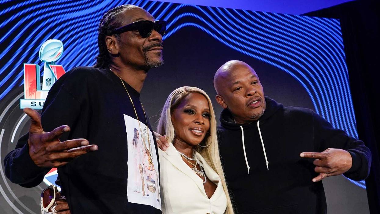 Snoop Dogg, Mary J. Blige and Dr. Dre participate in a news conference for the Super Bowl LVI halftime show Thursday, Feb. 10, 2022, in Los Angeles.