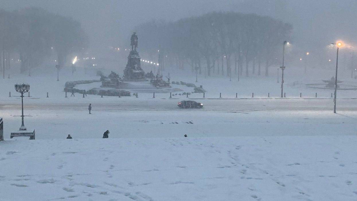 Snow covers the Philadelphia Museum of Art steps as the region experiences its first big winter storm of the season.
