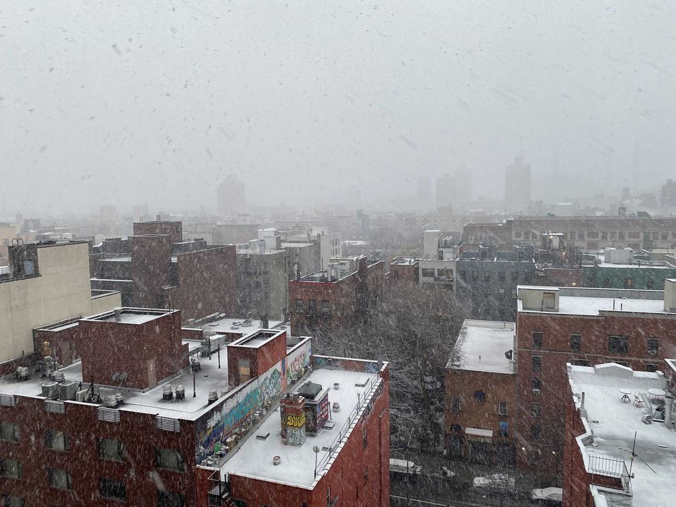 Snow falls just after sunrise in the East Village on Feb. 13, 2024