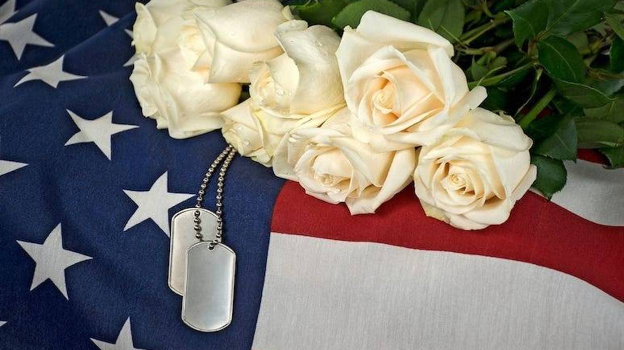 Soldier, Military, Coffin, Casket, American Flag, Dog Tags, White Rose Bouquet