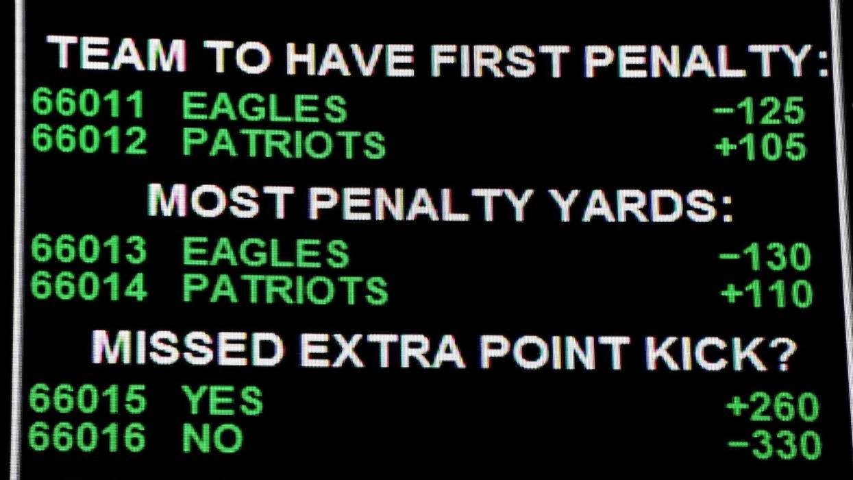 Some of the more than 400 proposition bets for Super Bowl LII between the Philadelphia Eagles and the New England Patriots are displayed at the Race & Sports SuperBook at the Westgate Las Vegas Resort & Casino on January 26, 2018 in Las Vegas, Nevada.