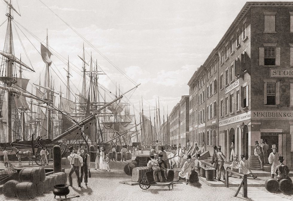 South Street, as seen from from Maiden Lane, in the early 19th century. The city and its environs were a hub of activity, home to various European colonists, enslaved Africans and Native Americans