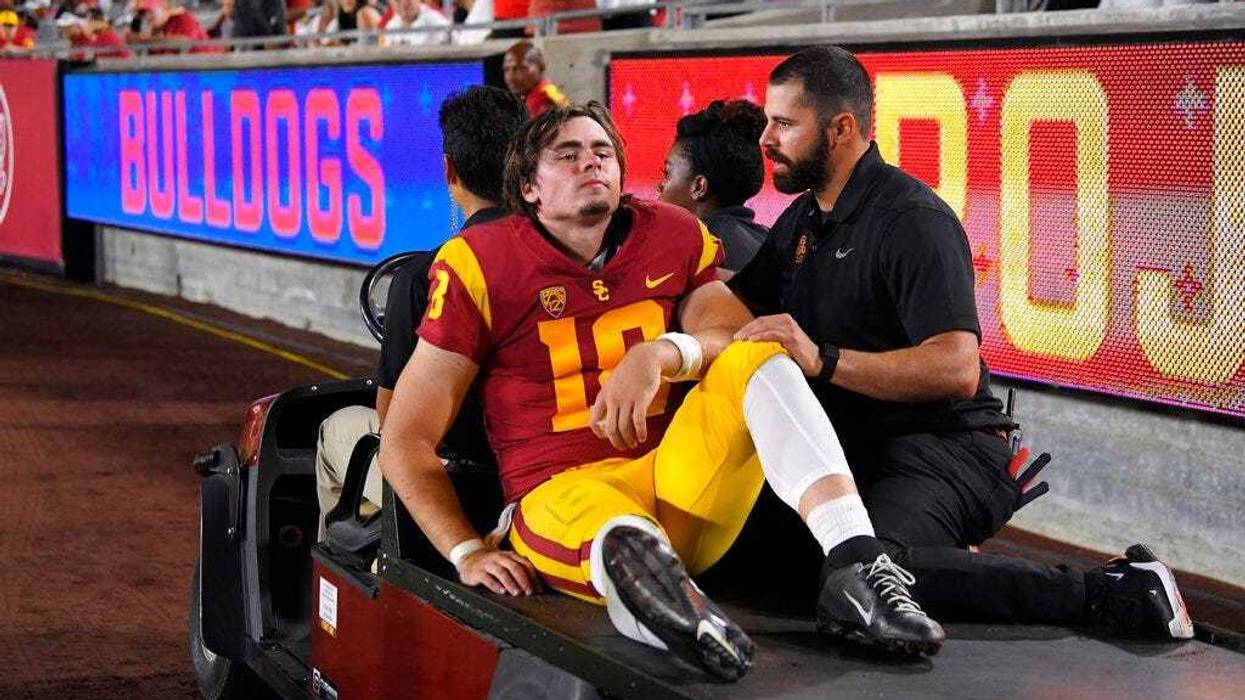 Southern California quarterback JT Daniels is carted off the field after being injured during the first half of an NCAA college football game against Fresno State Saturday, Aug. 31, 2019, in Los Angeles.