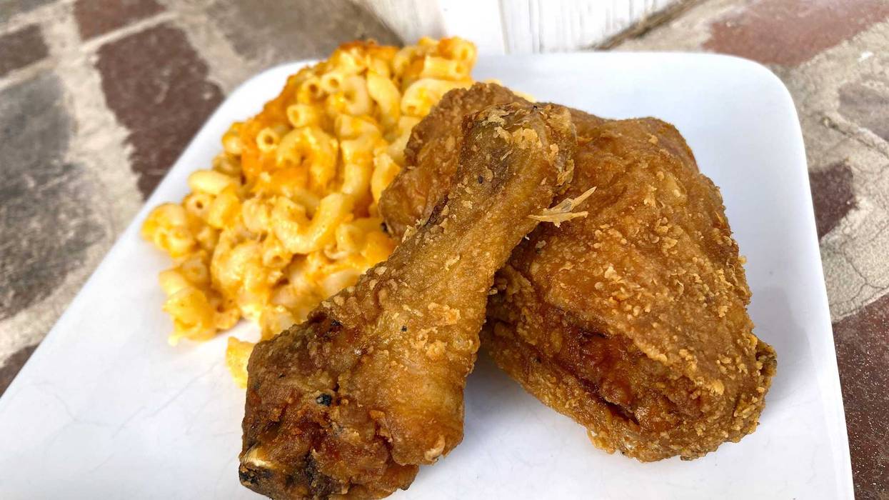 Southern fried chicken with seven cheese baked mac and cheese from Hint of Soul in Tempe. Hint Of Soul Fried Chicken