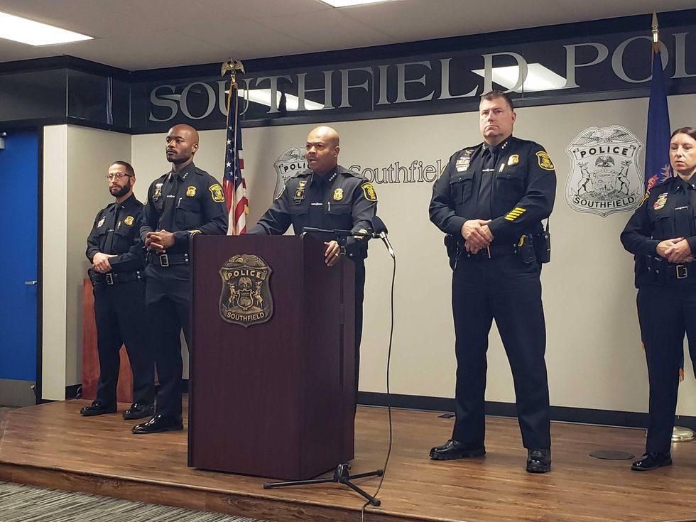Southfield Police Chief Elvin Barren speaks to reporters.