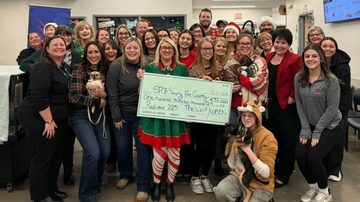 SPCA staff, volunteers and the teams from WBEN and 107.7 The Wolf celebrate the end of the 2025 Radiothon Photo credit SPCA Serving Erie County