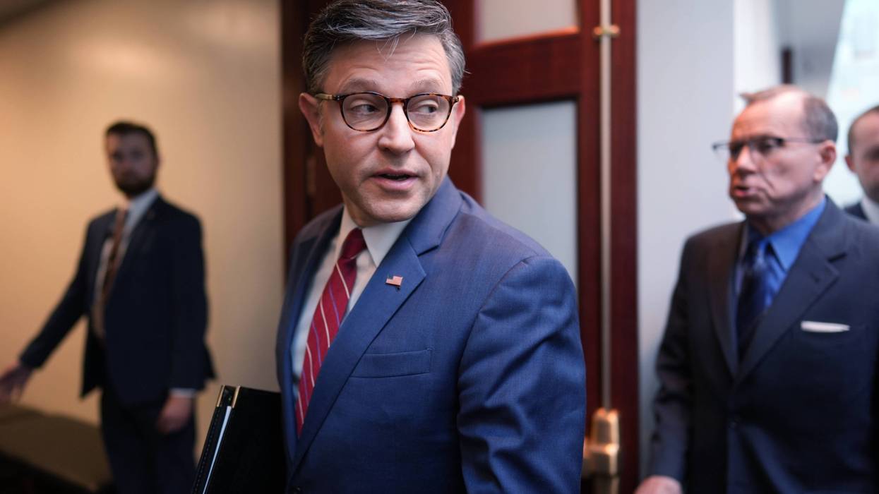 Speaker of the House Mike Johnson arrives for an early-morning meeting with fellow Republicans at the Capitol in Washington, D.C. on Wednesday, June 3, 2026.