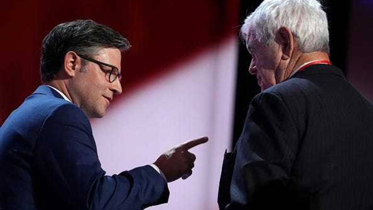 Speaker of the House Mike Johnson (R-LA) and Former U.S. Speaker of the House Newt Gingrich are seen on the second day of the Republican National Convention at the Fiserv Forum on July 16, 2024 in Milwaukee, Wisconsin.