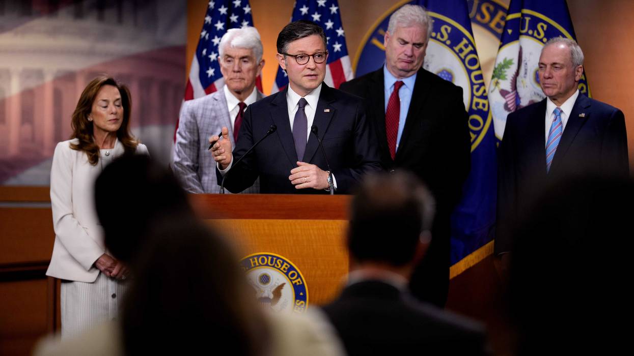Speaker of the House Mike Johnson (R-LA) (C), accompanied by House Majority Whip Tom Emmer (R-MN) (2nd-R), Rep. Lisa McClain (R-MI) (L), Rep. Roger Williams (R-TX) (2nd-L), and House Majority Leader Steve Scalise (R-LA) (R), speaks during a news conference following a House Republican conference meeting at the U.S. Capitol on May 6, 2025 in Washington, DC. House Republicans continue to work on finding consensus for their budget plan.