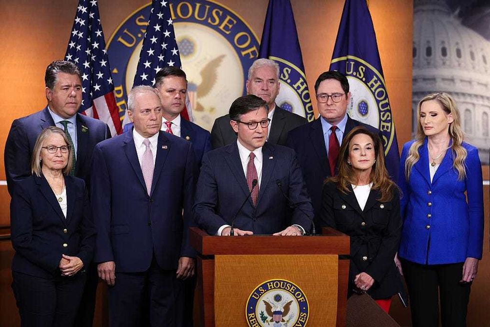 Speaker of the House Mike Johnson (R-LA) (C) delivers remarks at a news conference on the government shutdown at the U.S. Capitol on October 15, 2025 in Washington, DC.
