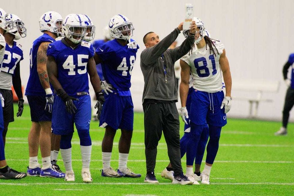 Special teams coordinator Bubba Ventrone of the Indianapolis Colts instructs the special teams during the Colts