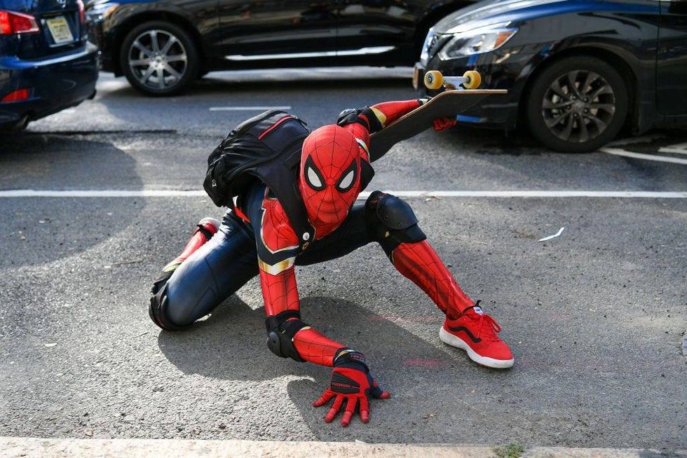 Spider-Man poses outside of New York Fashion Week: The Shows at Spring Studios on September 13, 2020 in New York City.
