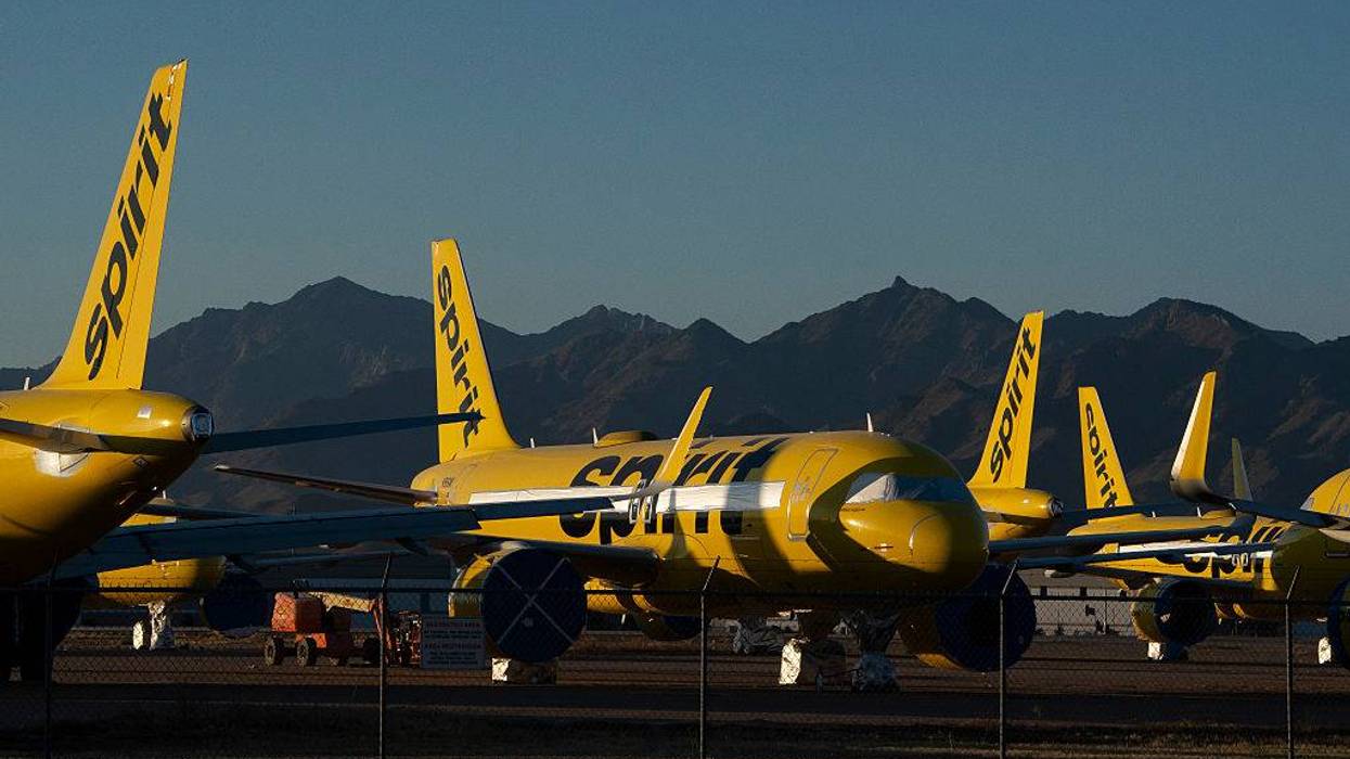 Spirit Airlines Planes Sit Parked At Phoenix Goodyear Airport After Airline Shuts Down
