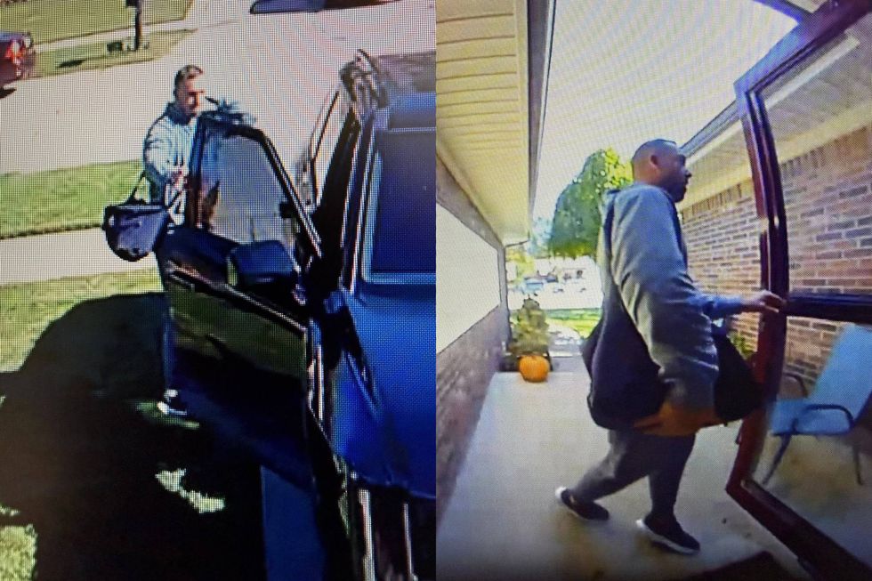 Split image: Man carrying large framed item from a house, and near an open car door.