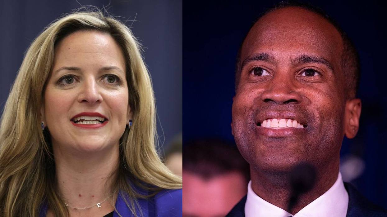Split image of a blonde woman speaking and a smiling Black man.