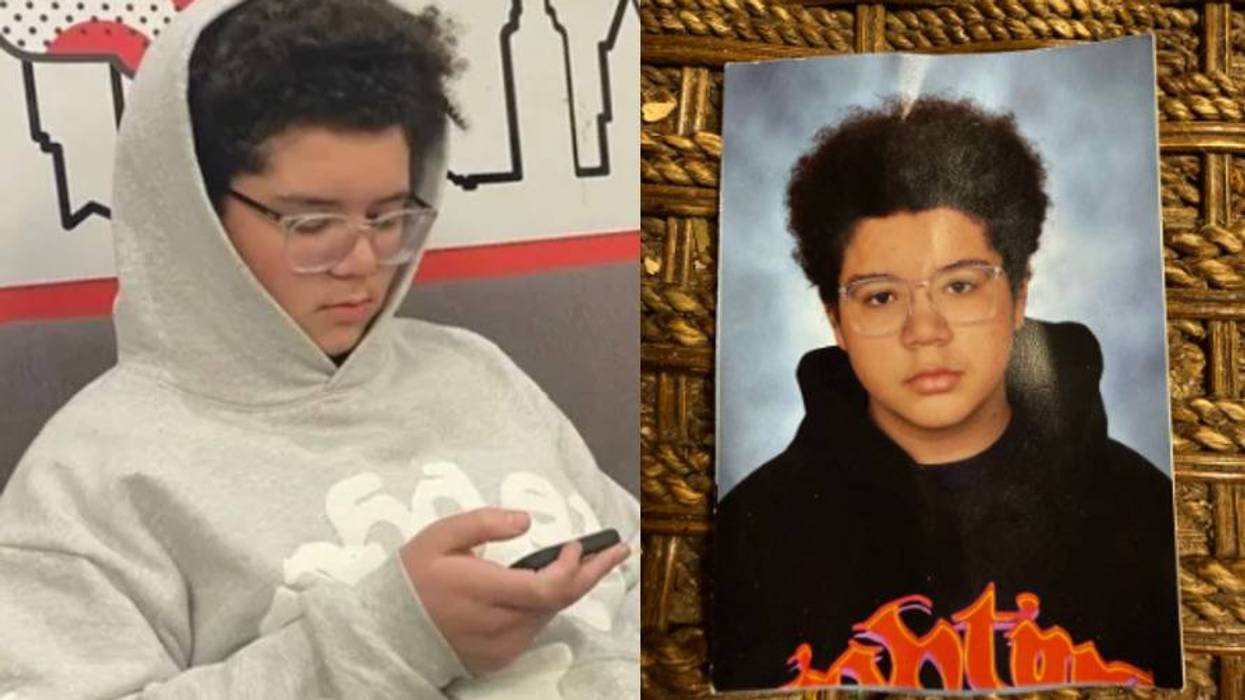 Split image: Teen with glasses in a grey hoodie looking at phone, and their school portrait.