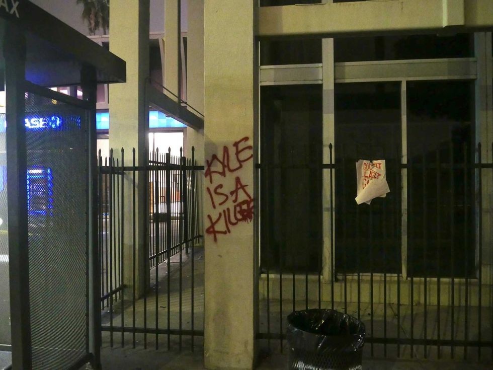 Spray-painting that reads "Kyle is a killer" outside a Chase Bank in Beverly Grove, Los Angeles.
