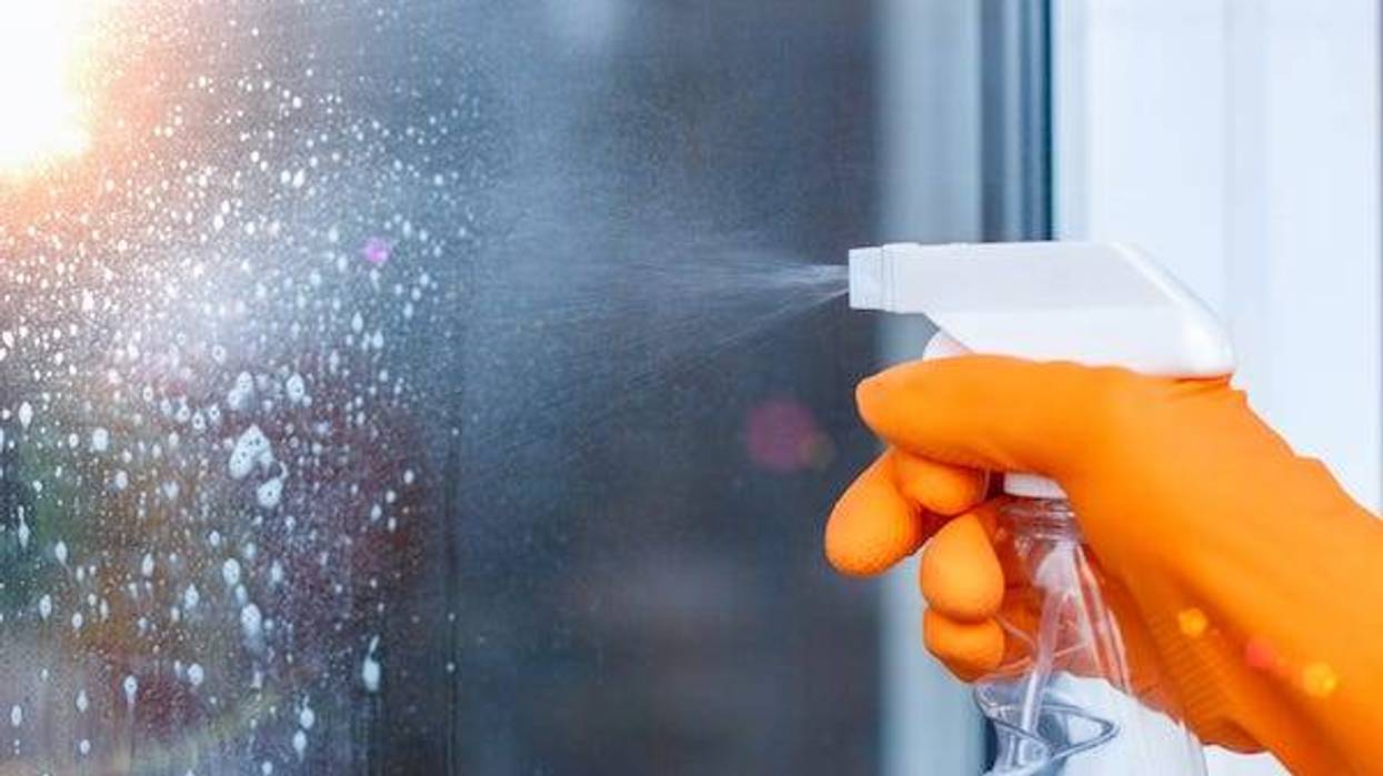 Spraying window cleaner on glass