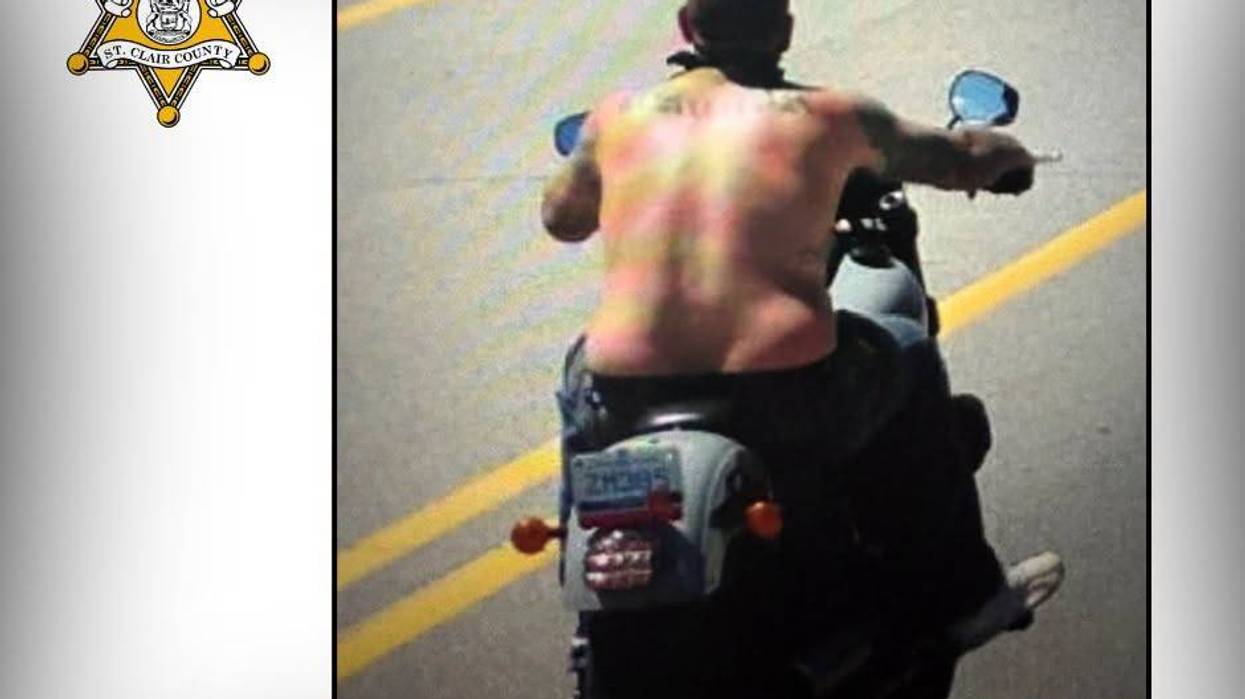 St. Clair Sheriff's Office: Bald, shirtless man with tattoos on motorcycle, license 2M385.