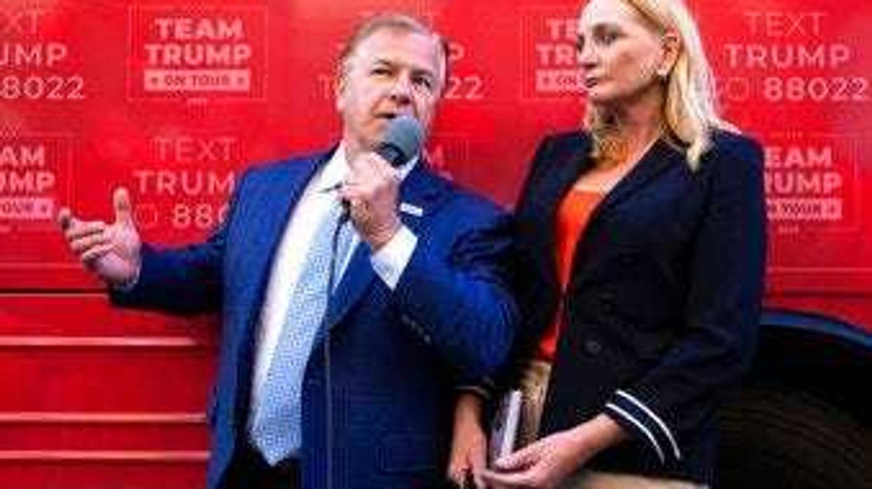 St. Louis-based lawyers Mark and Patricia McCloskey speak outside the Republican campaign office in downtown Scranton, Pa., during an appearance for a Trump campaign event. (Christopher Dolan/The Times-Tribune via AP)