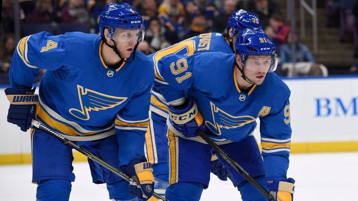St. Louis Blues defenseman Carl Gunnarsson (4) and St. Louis Blues right wing Vladimir Tarasenko