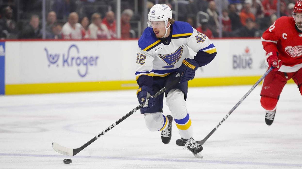 St. Louis Blues right wing Kasperi Kapanen (42) handles the puck during the first period against the Detroit Red Wings