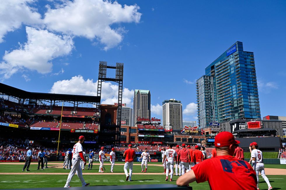 St. Louis Cardinals and Chicago Cubs benches clear after first baseman Willson Contreras (40) and relief pitcher Daniel Palencia (48) exchanged words after the Cubs defeated the Cardinals at Busch Stadium.