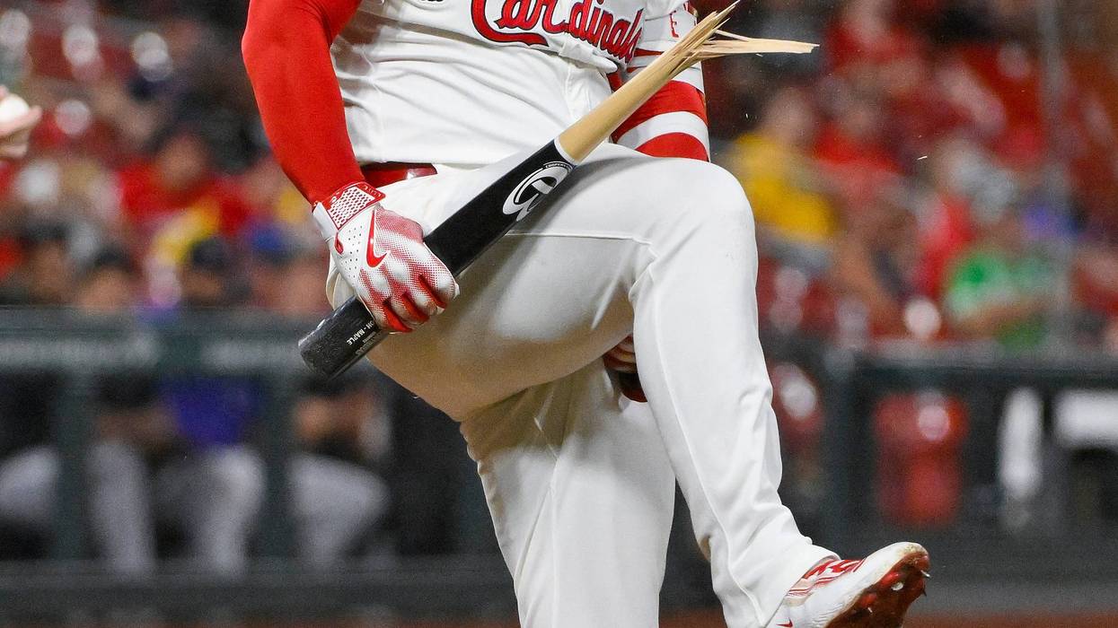 St. Louis Cardinals first baseman Willson Contreras (40) breaks his bat over his knee after he was hit by a pitch from Colorado Rockies starting pitcher Kyle Freeland (not pictured) during the fourth inning at Busch Stadium.