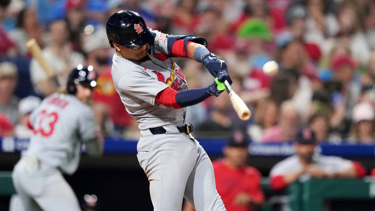 St. Louis Cardinals' Masyn Winn hits a home run against Philadelphia Phillies pitcher Matt Strahm during the seventh inning of a baseball game Monday, May 12, 2025, in Philadelphia.