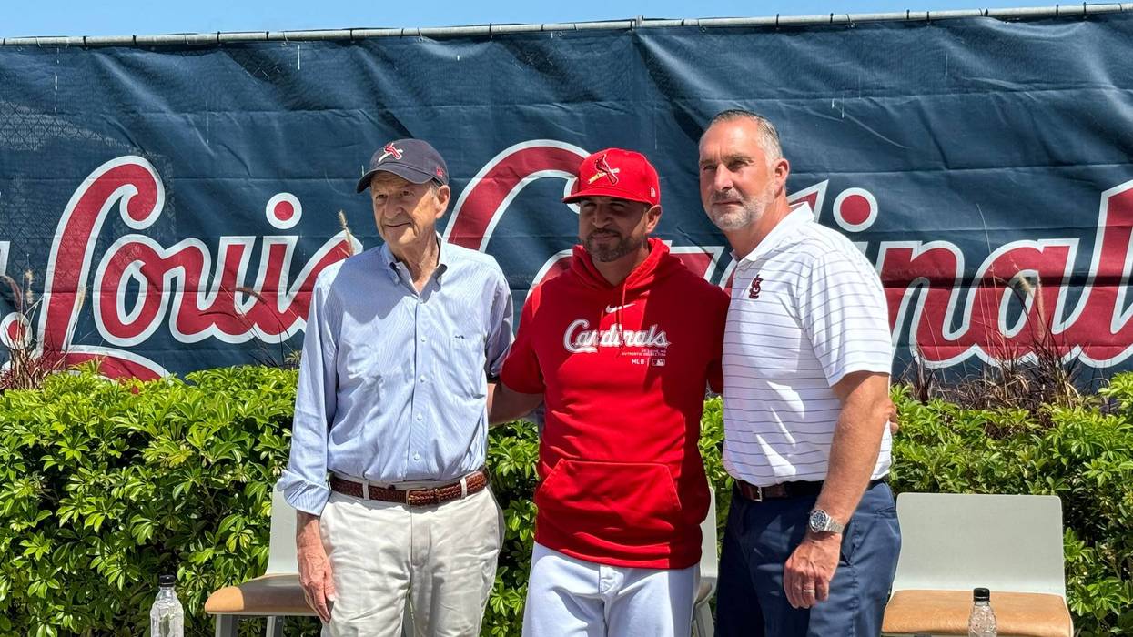 St. Louis Cardinals owner Bill DeWitt, Manager Oliver Marmol, and President of Baseball Operations John Mozeliak at the announcement of Marmol's contract extension on March 15, 2024