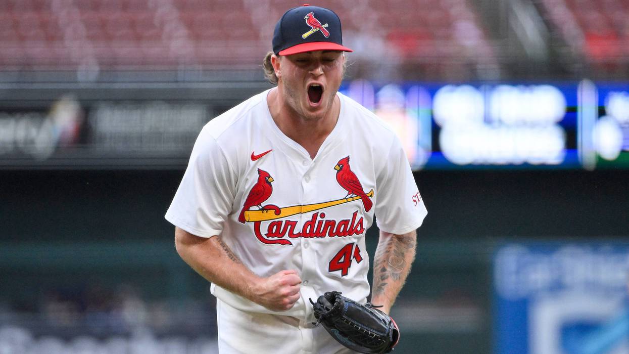 St. Louis Cardinals relief pitcher Gordon Graceffo (44) reacts after getting the final out of the sixth inning against the Atlanta Braves at Busch Stadium.