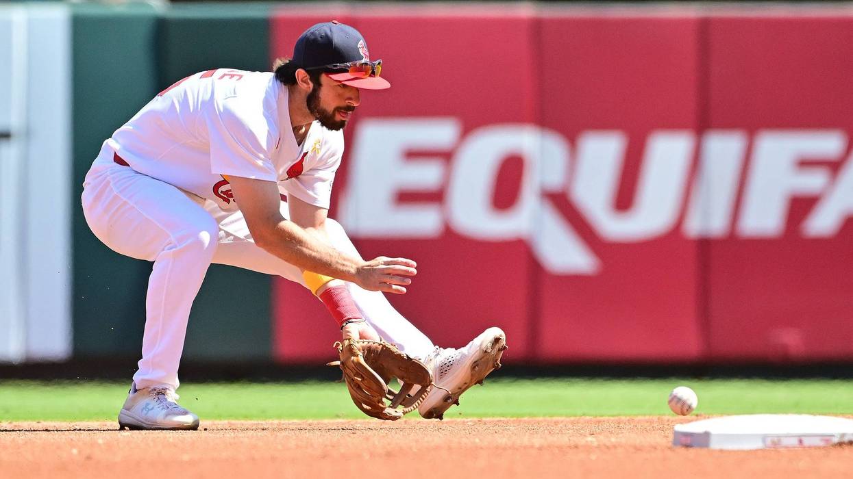 St. Louis Cardinals second baseman Thomas Saggese (25) fields a grounder up the middle and throws out San Francisco Giants outfielder Heliot Ramos (not shown) at first base in the fourth inning at Busch Stadium.