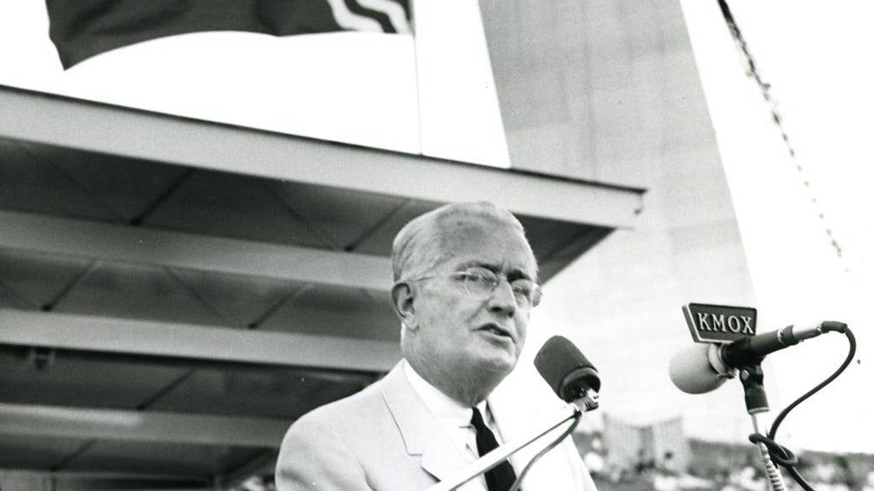 St. Louis Mayor Raymond Tucker speaking on the Arch grounds in 1964